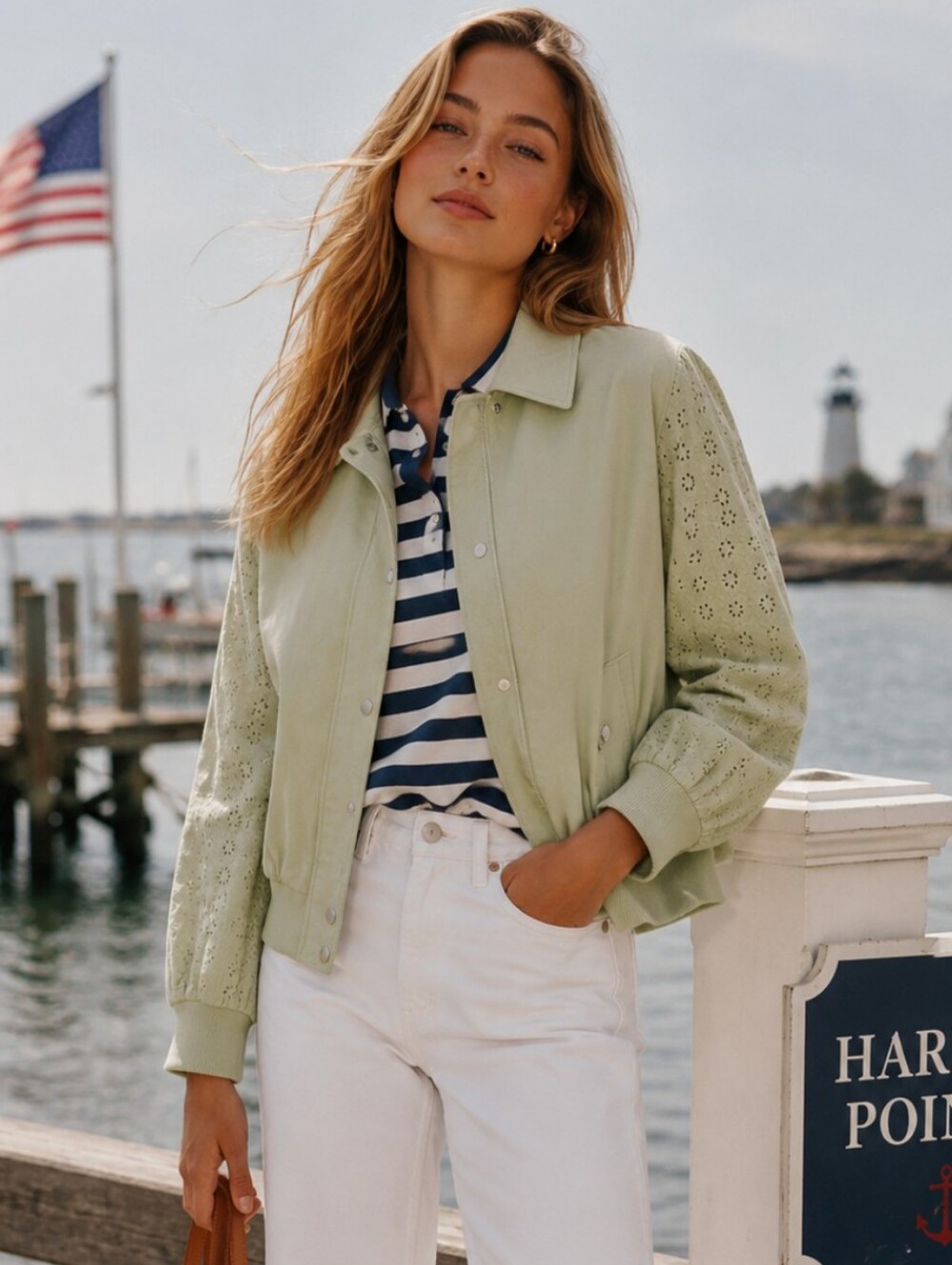 7 For All Mankind Jacket Pistachio Green Eyelet Sleeves Lightweight Sz M